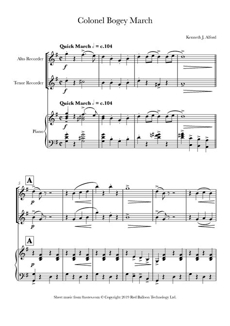 Alford Colonel Bogey March Sheet Music For Recorder Duet