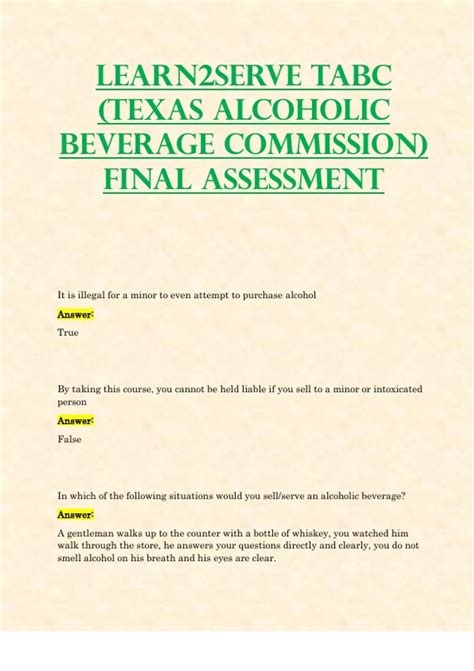 Learn Serve Tabc Texas Alcoholic Beverage Commission Final Assessment