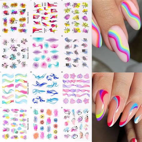 12pcs Set Water Decals Wave Line Stripe Flower Floral Leaf Water