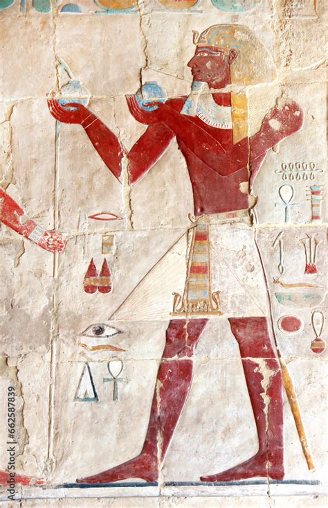 Ancient Colorful Mural Wall Painting Inside Hatshepsut Temple In Valley