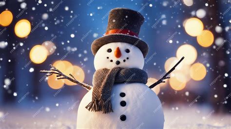 Premium AI Image | Winter Wonderland Snowman Amidst a Bokeh Lights Scenery