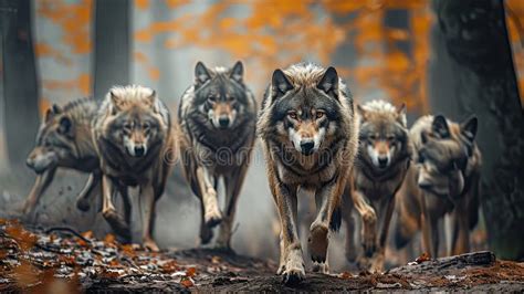 Pack of Wolves in the Autumn Forest , Predators Hunting, Attack of Wild ...