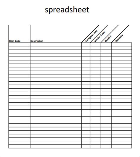 Printable Blank Spreadsheet Printout