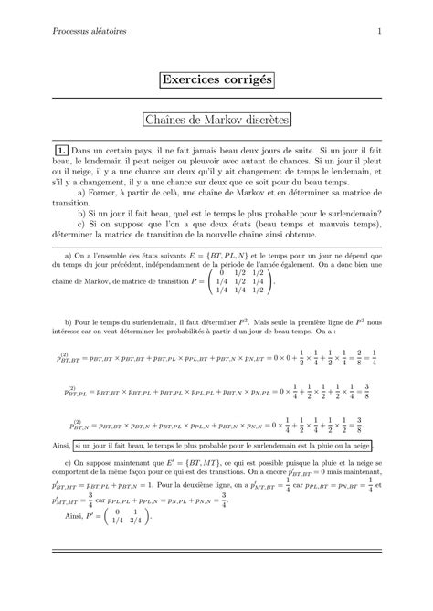 SOLUTION Exercices Corrig S Ch Nes De Markov Studypool