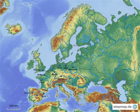 StepMap Europa Flüsse und Gebirge mit Beschriftung Landkarte für