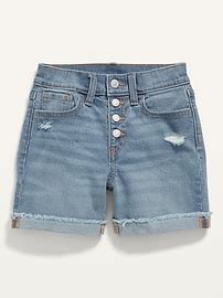 High Waisted Button Fly Rolled Frayed Hem Jean Midi Shorts For Girls