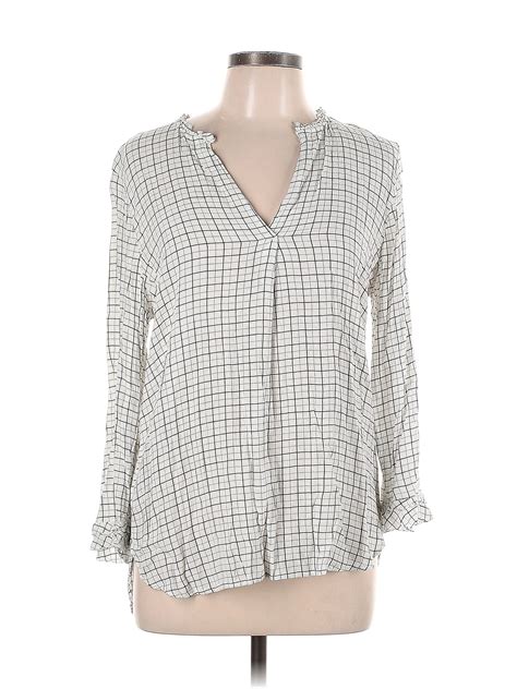 Ann Taylor Loft 100 Rayon Checkered Gingham White Gray Long Sleeve