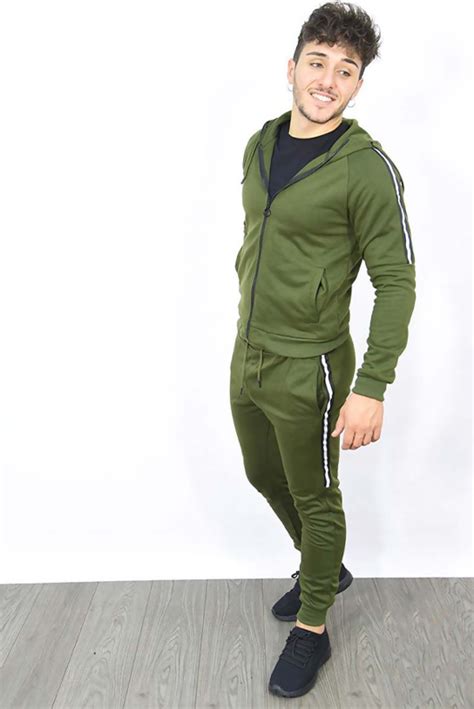 Mens Khaki Side Stripe Zip Through Hooded Skinny Tracksuit