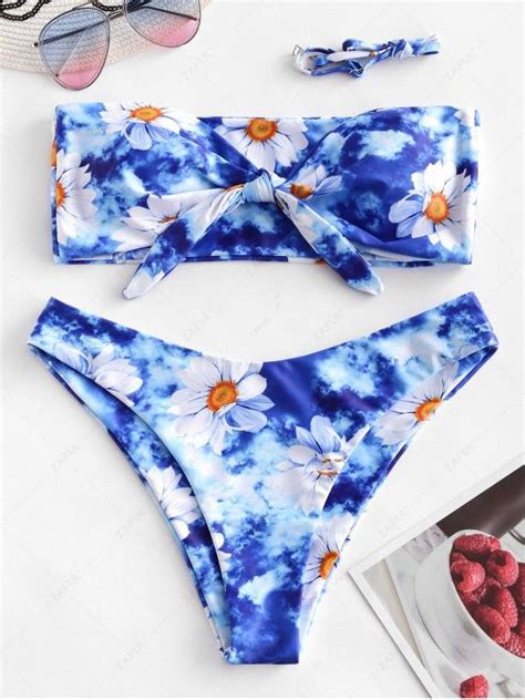 Off Zaful Daisy Print Tie Dye Bandeau Bikini Swimsuit In