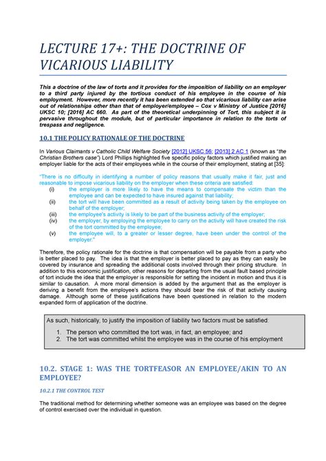 Vicarious Liability Lecture Notes Lecture 17 The Doctrine Of