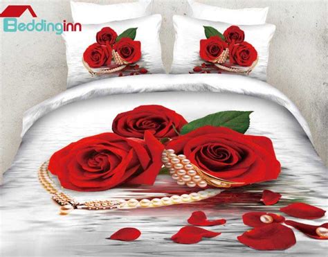 3d Red Rose Printed Luxury Style Cotton 4 Piece White Bedding Sets