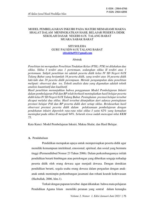 Pdf Model Pembelajaran Inkuiri Pada Materi Memahami Makna Shalat