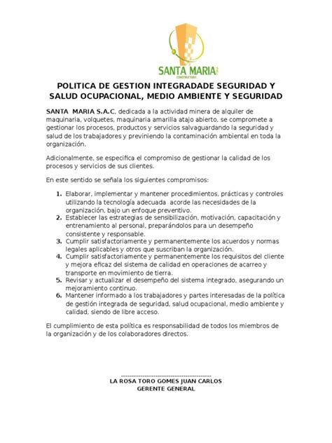 Pdf Politica De Gestion Integradade Seguridad Y Salud Ocupacional