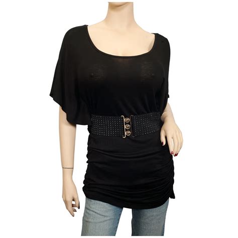 Plus Size Belt Accented Tunic Top Black Evogues Apparel