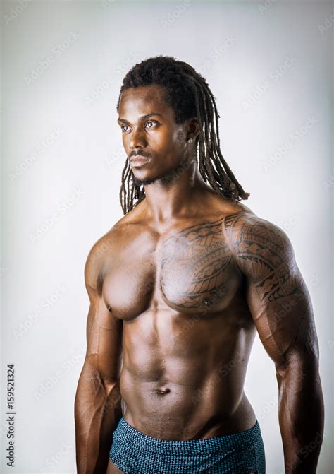 African American Bodybuilder Man Naked Muscular Torso Wearing Jeans