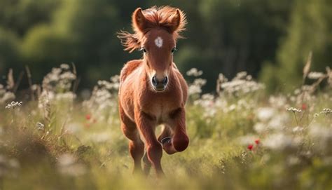 Premium Photo Cute Foal Running In Green Meadow Generated By Ai