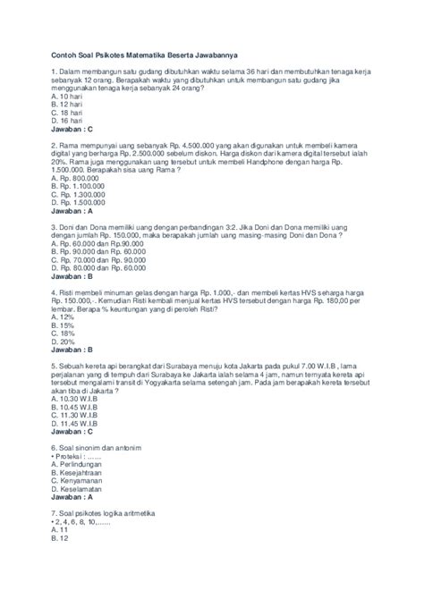 Contoh Soal Psikotes Matematika Beserta Jawabannya Pdfcoffeecom