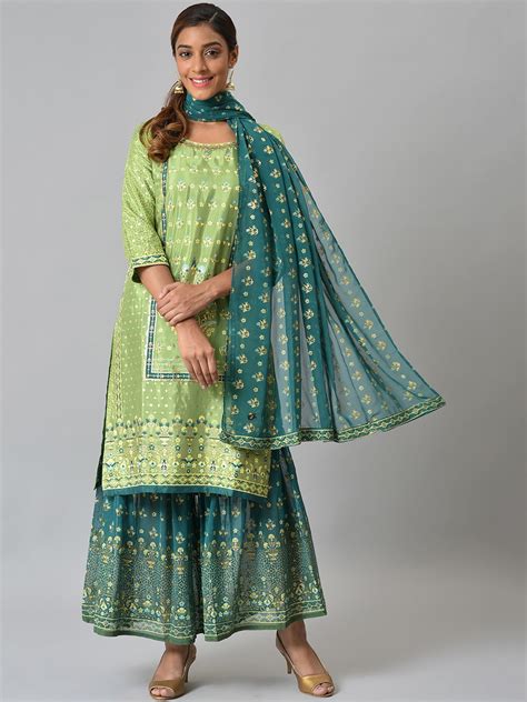 Buy Aurelia Women Green Foil Printed Liva Kurta With Sharara And