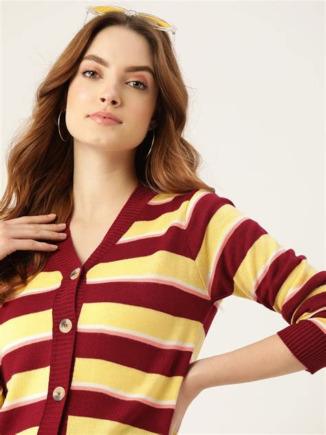 Buy DressBerry Women Maroon Yellow Striped Front Open Sweater