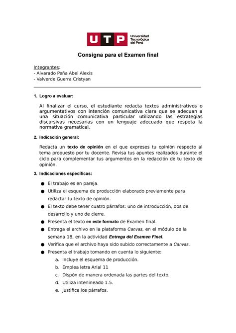 Examen Final Comprension Y Redaccion De Textos Consigna Para El