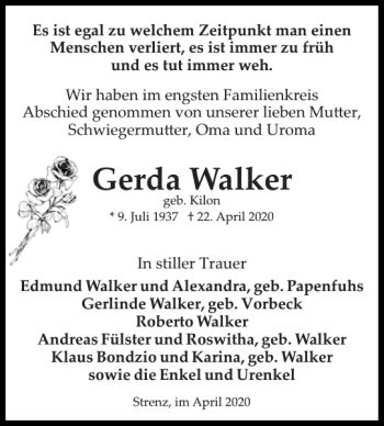 Traueranzeigen Von Gerda Walker Trauer Nordkurier