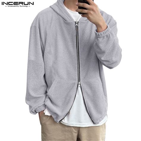 INCERUN Men S Waffle Solid Double Head Zipper Hooded Shirt Shopee