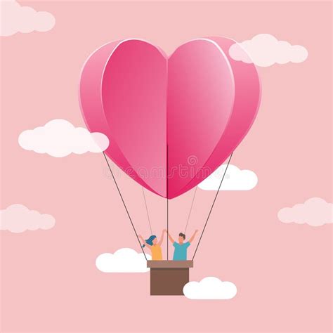 Couple Flying Heart Shaped Hot Air Balloon Man And Woman Cuddling