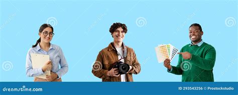 Group Of Cheerful Workers From Different Jobs Posing Isolated Over Blue