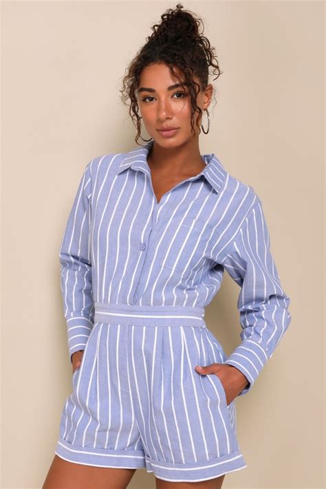 Blue Striped Romper Collared Cotton Romper Long Sleeve Romper Lulus