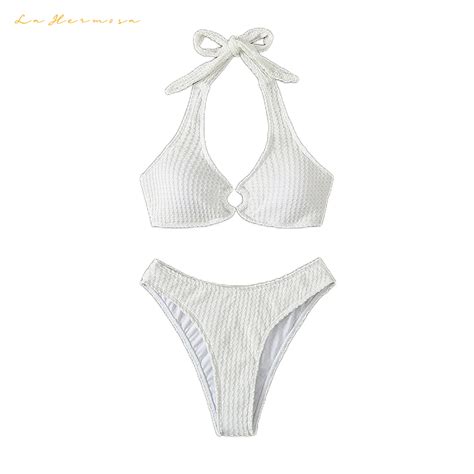 Summer Women Bikini Two Piece Swimsuit Sling Tie Solid White Bathing Suit Beach Suit Wholesale