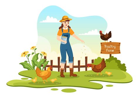 Poultry Farming With Farmer Cage Chicken And Egg Farm On Green Field