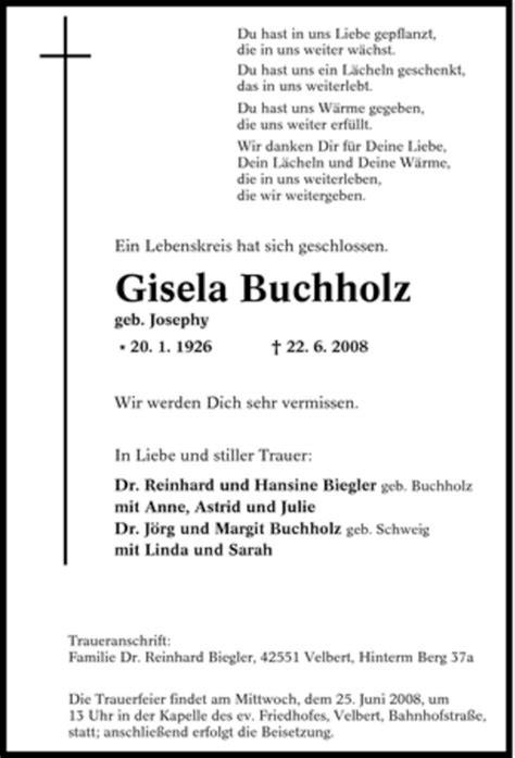 Traueranzeigen Von Gisela Buchholz Trauer In NRW De