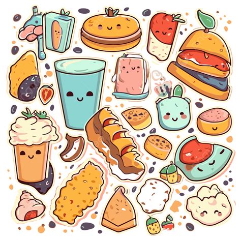 Koleksi Stiker Makanan Dan Minuman Kartun Kawaii Yang Lucu Vektor Makanan Stiker Kartun Png