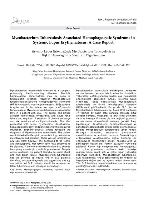 Pdf Mycobacterium Tuberculosis Associated Hemophagocytic Syndrome In