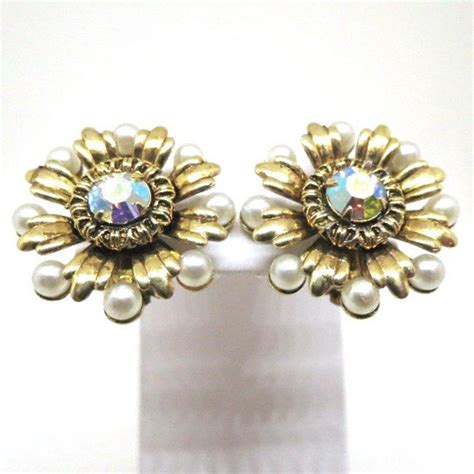 Pearl And Rhinestone Earrings Vintage Gold Tone Aurora Etsy