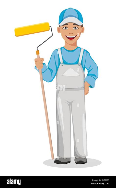 Painter Man Holding Paint Roller Decorator Cartoon Character Vector