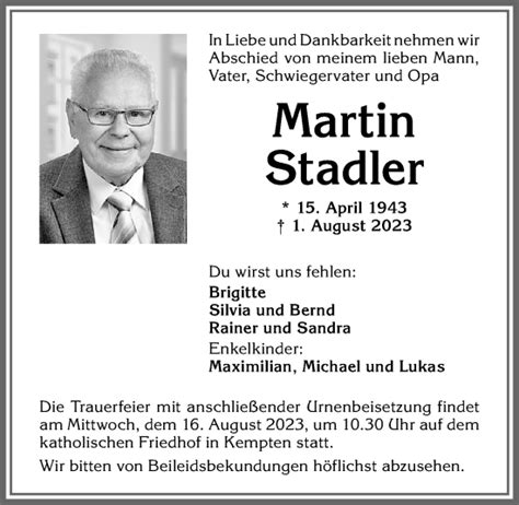 Traueranzeigen Von Martin Stadler Allg Uer Zeitung