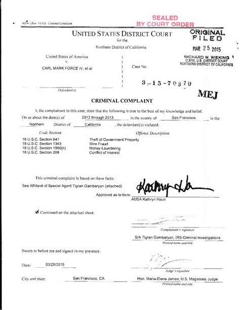 Pdf Criminal Complaint With Affidavit And Exhibits Carl Force At Al