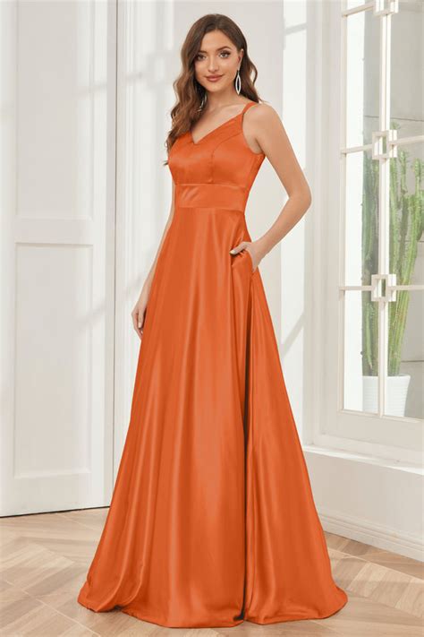 Spaghetti Straps V Neck Soft Satin Bridesmaid Dress