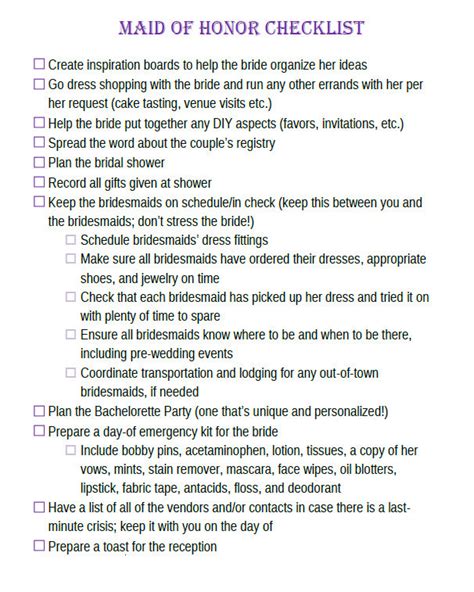 Maid Of Honor Wedding Checklist