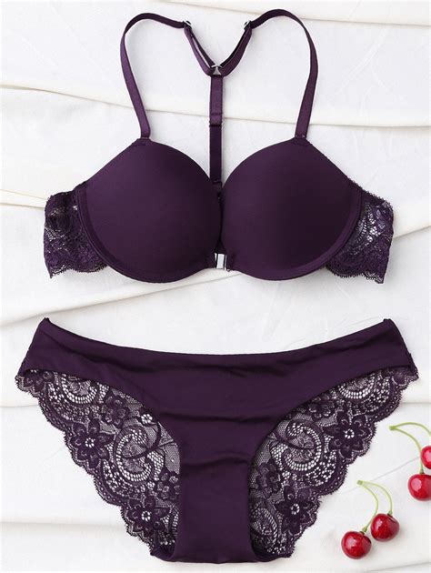 Racerback Metallic Lace Panel Bra Set In Purplish Red Zaful 2023