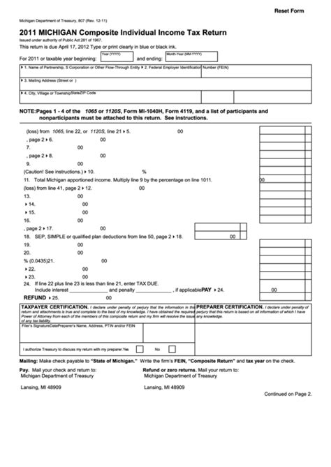 Fillable Form 807 Composite Individual Income Tax Return 2011