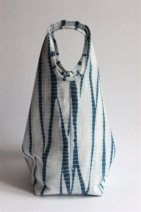 Stripes Shibori Plant Dyed Cotton Tote Bag Japanese Bag Handbag Indigo