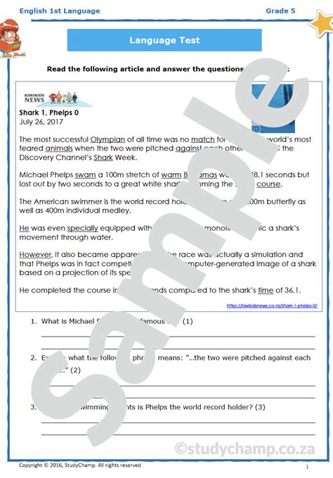 Grade 5 English Test Comprehension And Language In Context 2