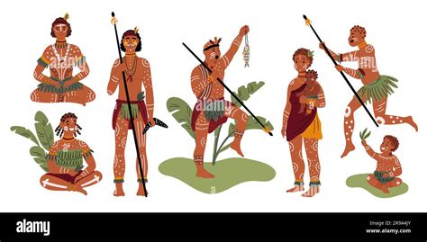 Cartoon African Characters Native Tribal People With Patterned Bodies