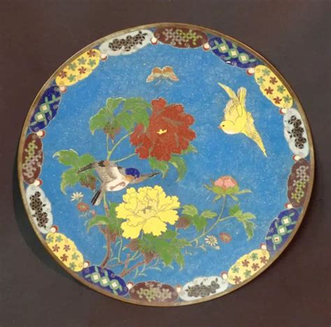 B1 1850 ART japon rare plat 30cm émail cloisonné émaux oiseaux jardin