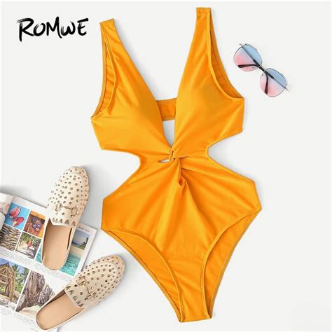 Romwe Sport Orange Solid Cut Out Twist One Piece Swimsuit Women Sexy