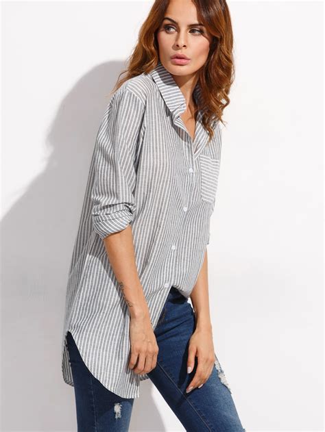 Grey Vertical Striped Blouse With Pocket Sheinsheinside