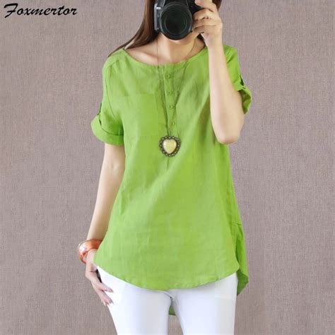 Foxmertor 100 Cotton Linen Shirt Short Sleeve Summer Women Blouses O