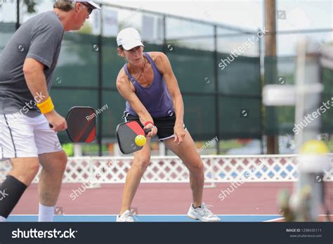 Mixed Doubles Team Competes Pickleball Tournament Stock Photo